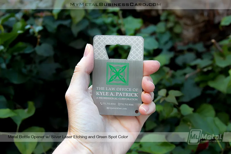 My Metal Business Card | AWS108895 Metal Bottle Opener With Silver Laser Etching And Green Spot Color 23716