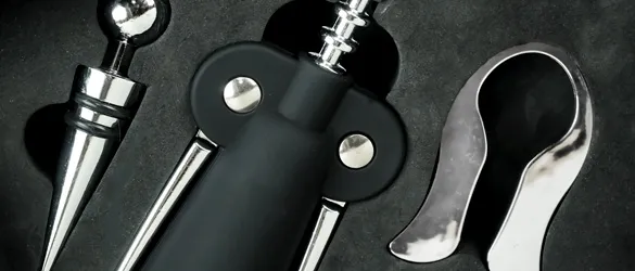 close up of wine tools included in box