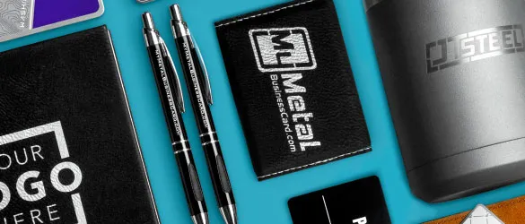 Various products with logos on them against a blue background etched to order