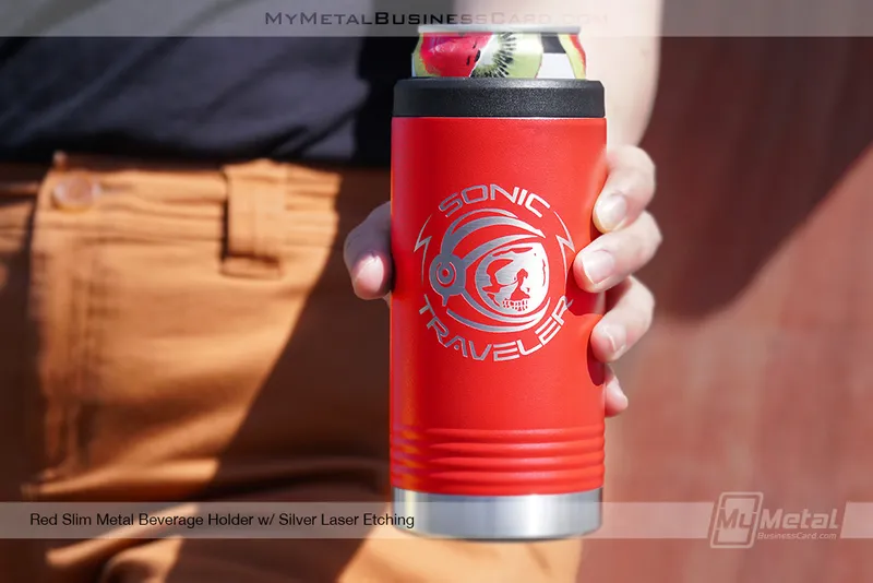 Red-Slim-Metal-Beverage-Holder-Silver-Laser-Etching