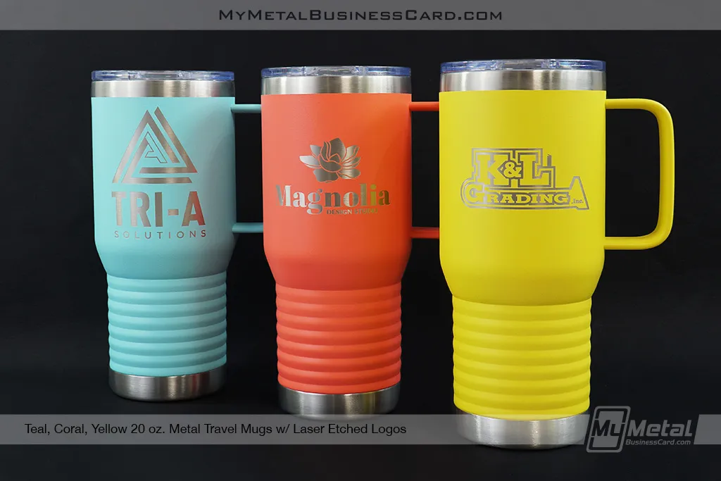 Teal-Coral-Yellow-20-oz-Metal-Travel-Mug-Laser-Etched-Logo