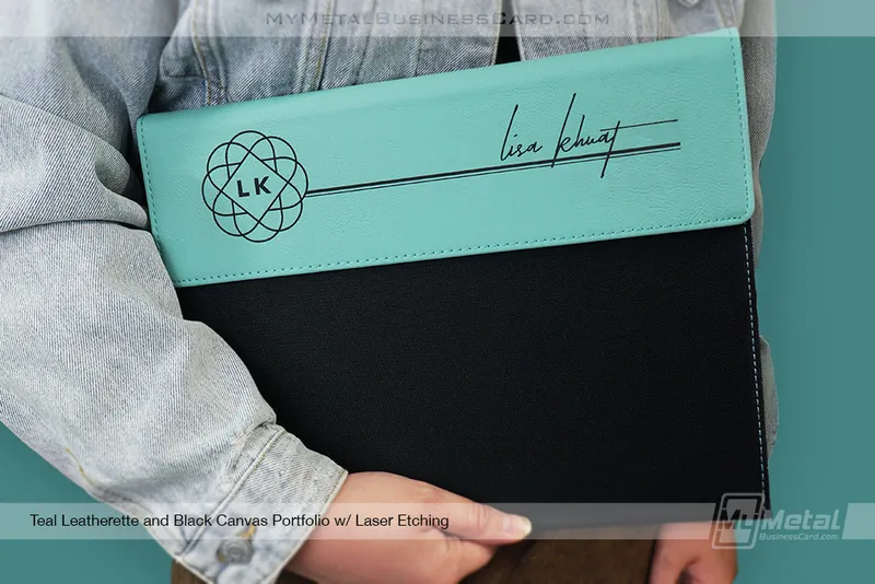 Teal-Leatherette-Black-Canvas-Portfolio-Laser-Etching-Lisa