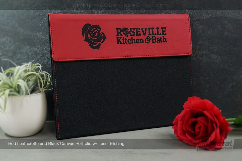 Red-Leatherette-Black-Canvas-Portfolio-Laser-Etching-Roseville