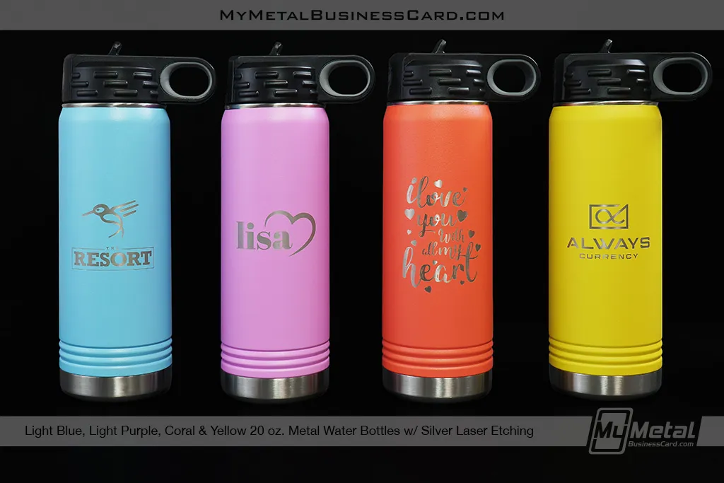 Light-Blue-Light-Purple-Coral-Yellow-20-oz-Metal-Water-Bottles-Silver-Laser-Etching