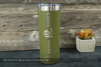 Olive-Green-22-oz-Skinny-Tumbler-Laser-Etched-Logo-PriestRanch