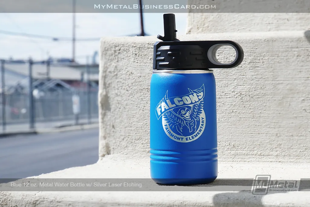Blue-12-oz-Metal-Water-Bottle-Silver-Laser-Etching-Falcons