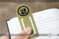 Brass-Finish-Metal-Bookmark-Custom-Shape-Cutout-Etching-Black-Spot-Color-Archbishop-Mitty