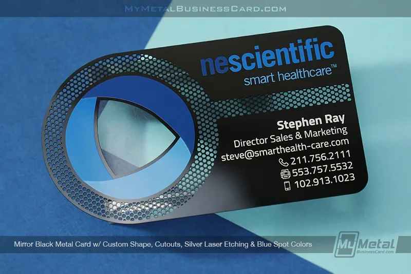 Mirror-Black-Metal-Card-Custom-Shape-Cutouts-Silver-Etch-Blue-Nescientific