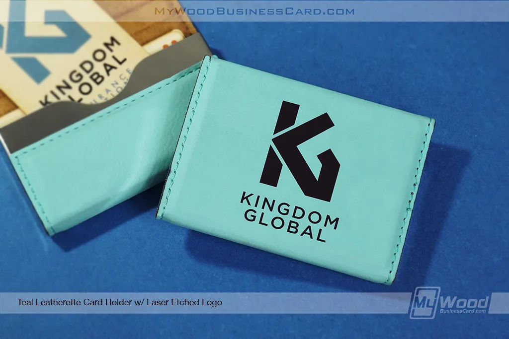 Teal-Leatherette-Card-Holder-Laser-Etched-Logo-Bamboo-Wood-Card
