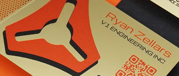 Closeup of Brass Quick Metal Card with printing