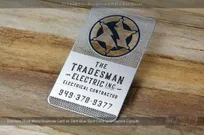Stainless steel metal business card for electrical contractor with lightnigbolt logo and custom colors