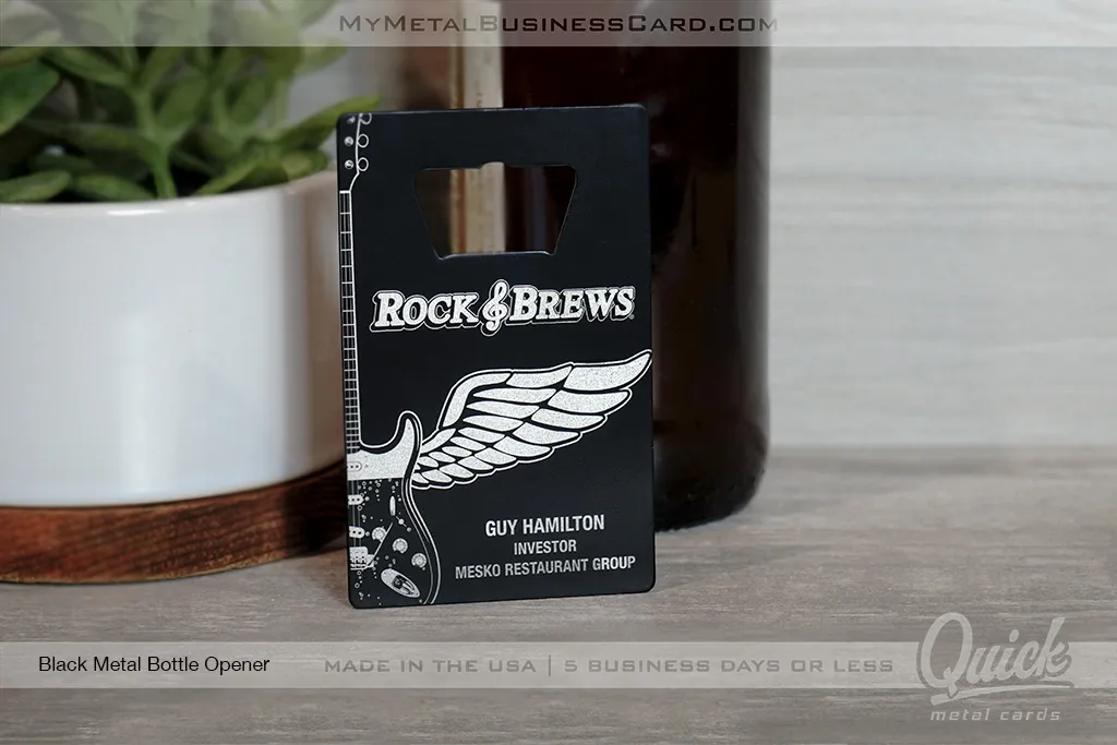 black metal bottle opener shipped quick with silver laser etching on surface