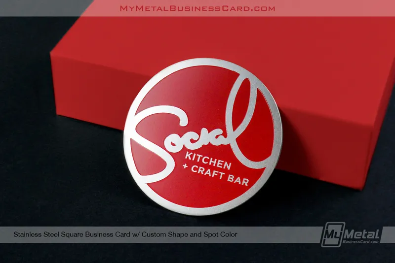 Custom Square Shaped Metal Business Card with Red Spot Color Social Kitchen
