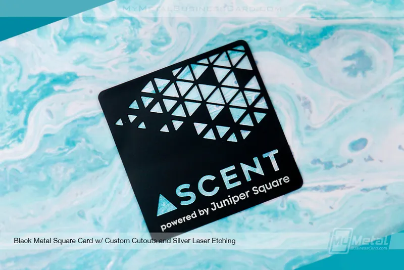 Square Black Metal Card with custom cutout and silver laser etching 