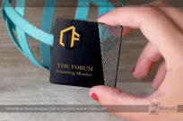 Square Black metal business card with gold screen printing for wow factor and custom cut through areas