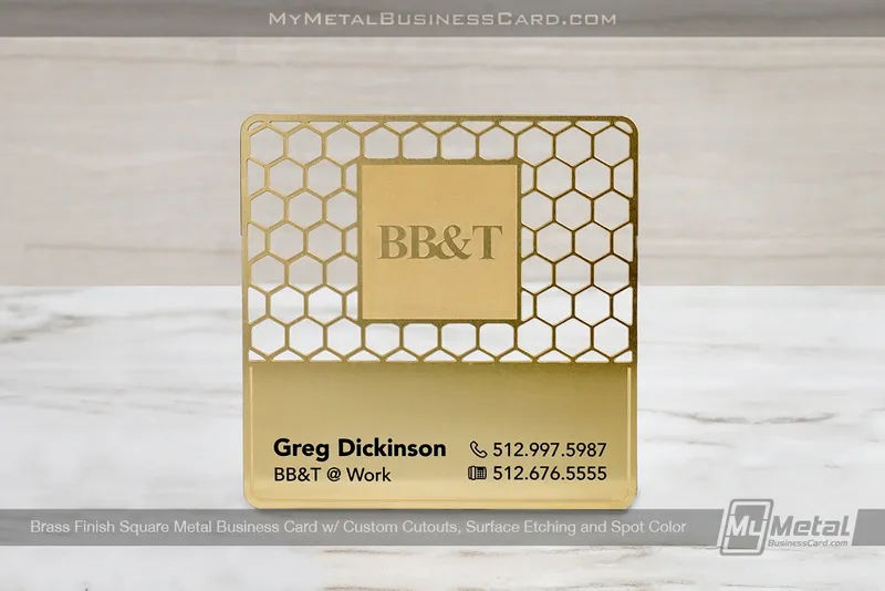 Square Brass Finish Metal Business Card in square shape with unique lettering and hole pattern