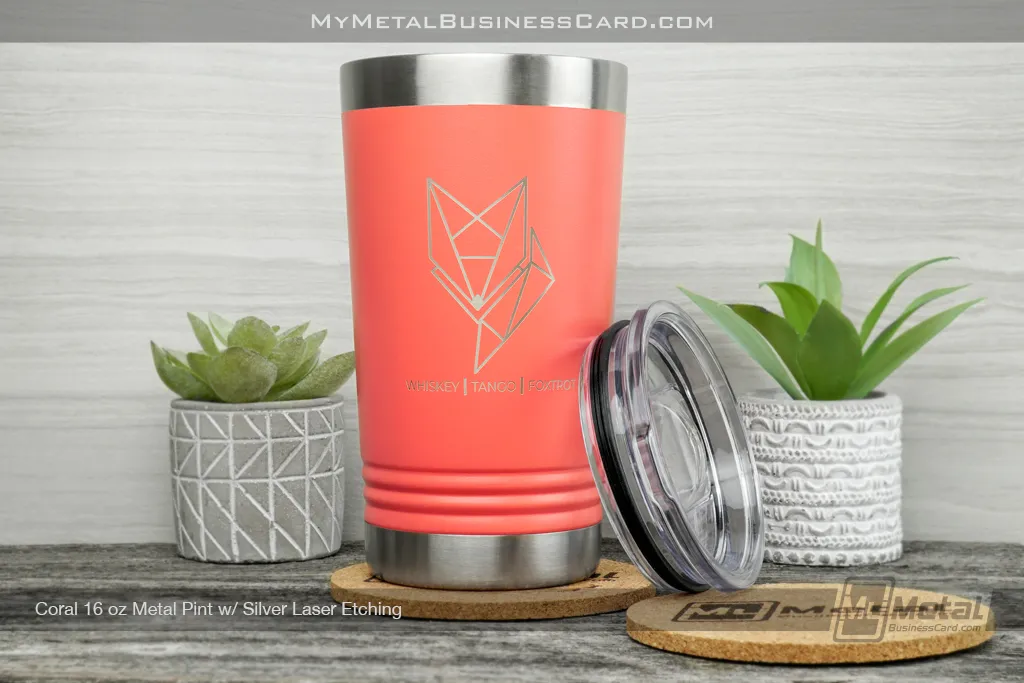 Coral-Metal-16oz-Pint-Silver-Laser-Etching-Whiskey-Tango-Foxtrot