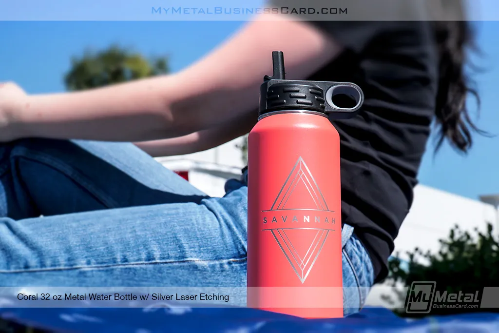 Coral-Colored-Metal-Water-Bottle-with-Geometric-Custom-Logo-Etched-to-Order