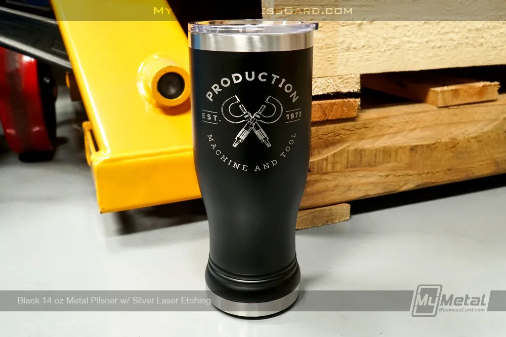 Black-Metal-14oz-Pilsner-Silver-Laser-Etched-Logo-Production-Machine-Tools