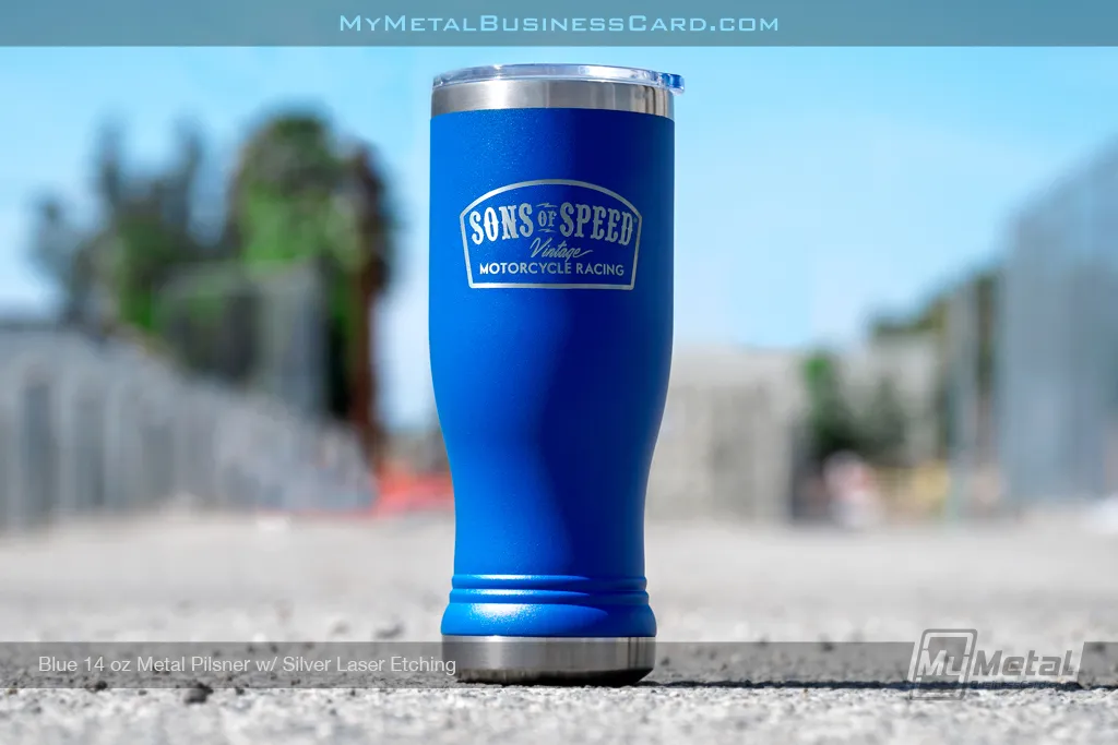 Blue-Metal-14oz-Pilsner-Silver-Laser-Etched-Logo-Sons-of-Speed-Motorcycle-Racing