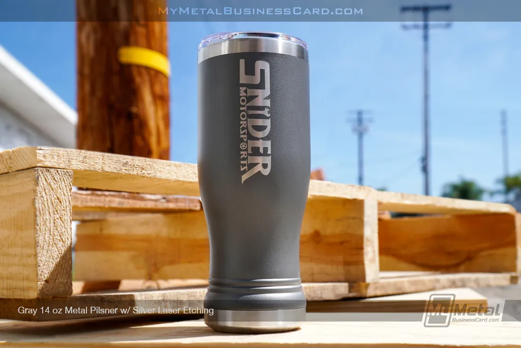Gray-Metal-14oz-Pilsner-Silver-Laser-Etched-Logo-Snyder-MotorSports