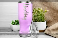 Light-Purple-14oz-Pilsner-Silver-Laser-Etched-Logo-Script-Font-Name-Lindsay