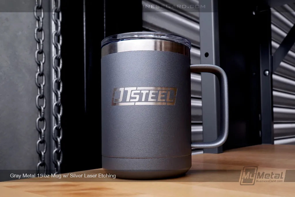 Gray-Metal-15-Ounce-Mug-Silver-Laser-Etched-Logo-JT-Steel