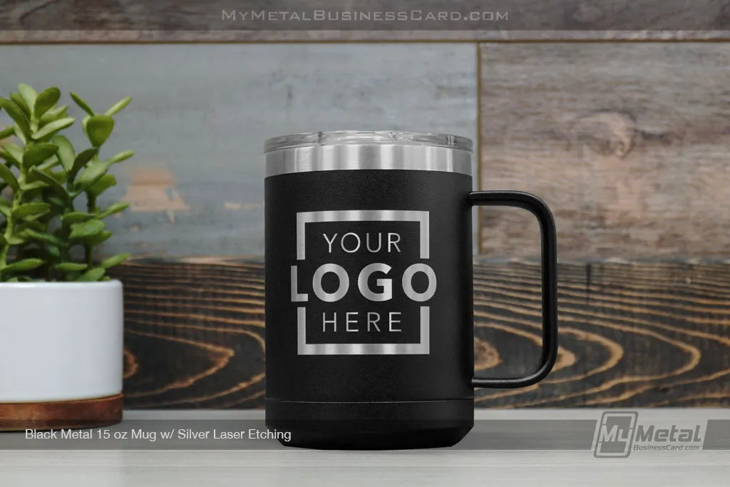 Black-Metal-15-Ounce-Mug-Silver-Laser-Etched-Logo-Your-Logo-Here