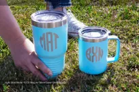 Light-Blue-Metal-15-Ounce-Mug-Silver-Laser-Etched-Logo-Global-Monogram