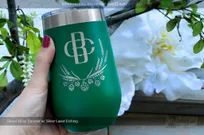 Green-Metal-16-oz-Tumbler-Wine-With-Etched-Custom-Floral-Logo