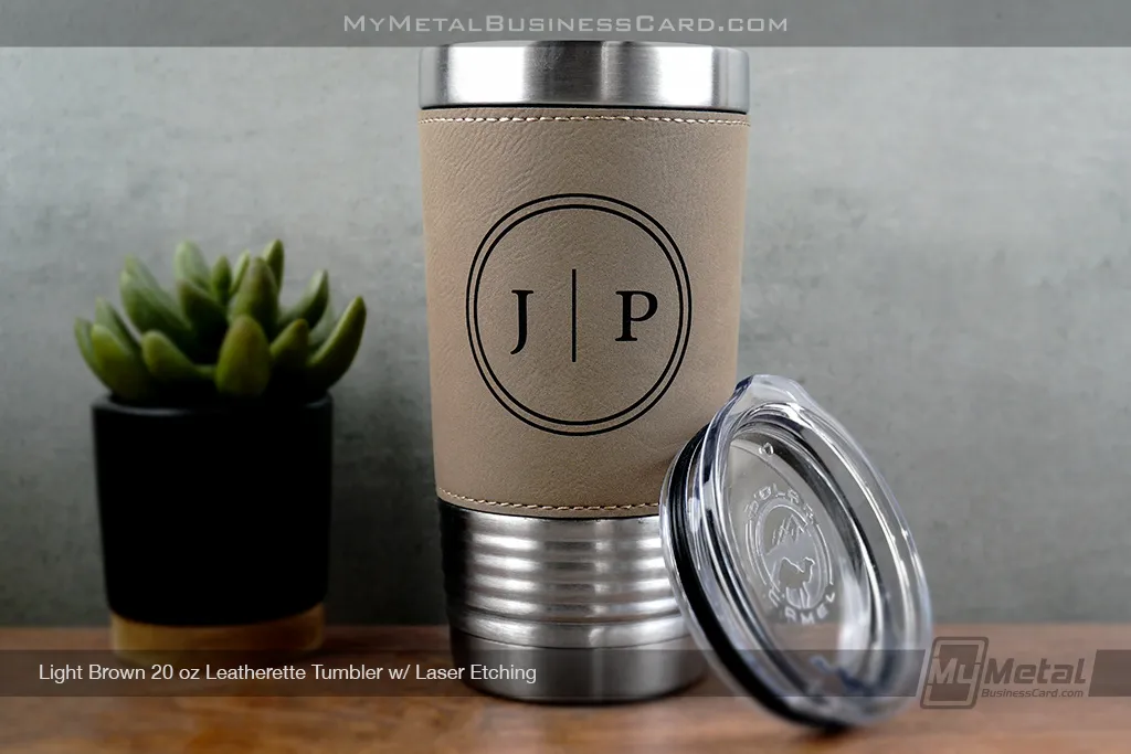 Light-Brown-Leatherette-Metal-20-oz-Tumbler-With-Custom-Laser-Engraved-Personal-Logo