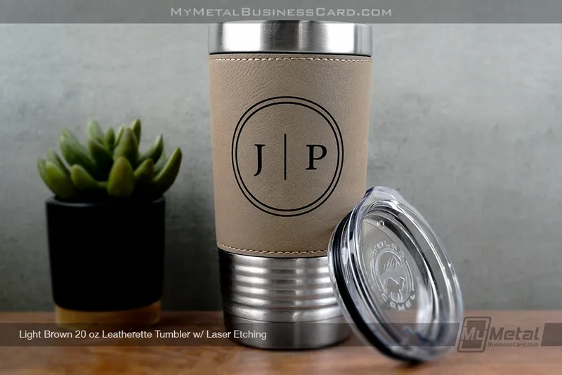 Light-Brown-Leatherette-Metal-20-oz-Tumbler-With-Custom-Laser-Engraved-Personal-Logo