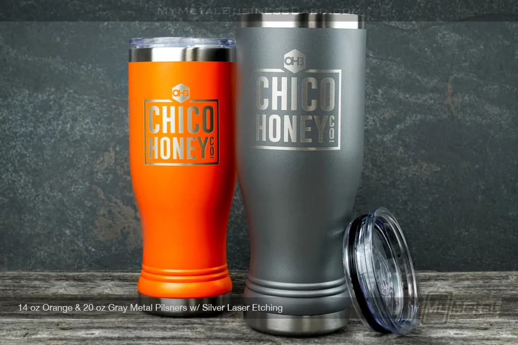 Gray-Orange-Metal-20oz-Pislner-Silver-Laser-Etching-Chico-Honey
