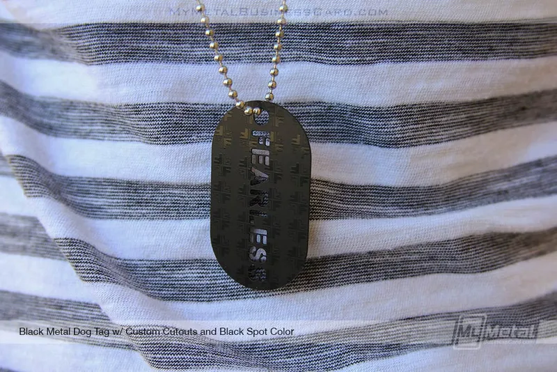 Black-Metal-Dog-Tag-With-Cutout-Fearless-Logo-And-Black-Screen-Printing