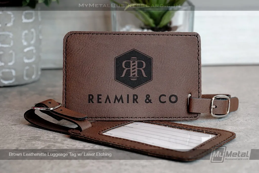 Brown-Leatherette-Luggage-Tag-with-Custom-Laser-Etched-Barber-Logo
