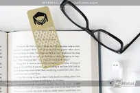 Brass-Finish-Metal-Bookmark-With-Custom-Cutout-and-Black-Spot-Color-Owl-Logo