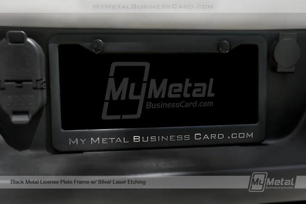 License-Plate-Frame-Black-Metal-Laser-Etched-My-Metal-Business-Card-Logo