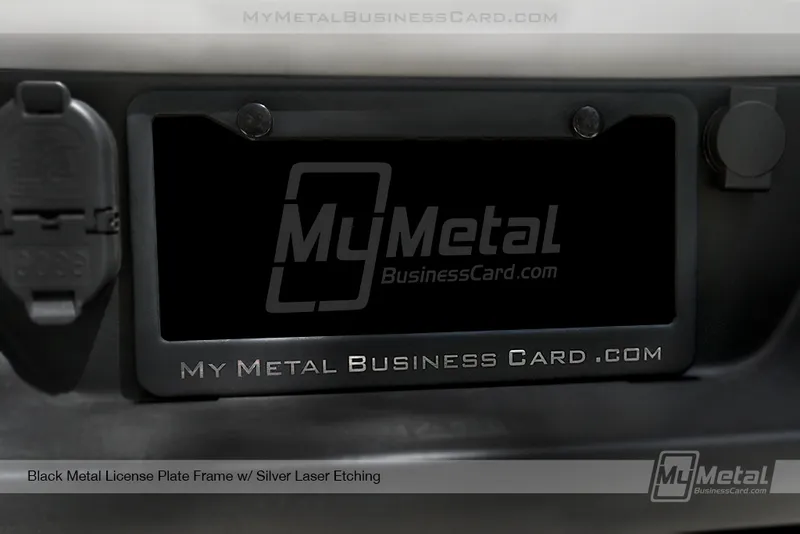 License-Plate-Frame-Black-Metal-Laser-Etched-My-Metal-Business-Card-Logo