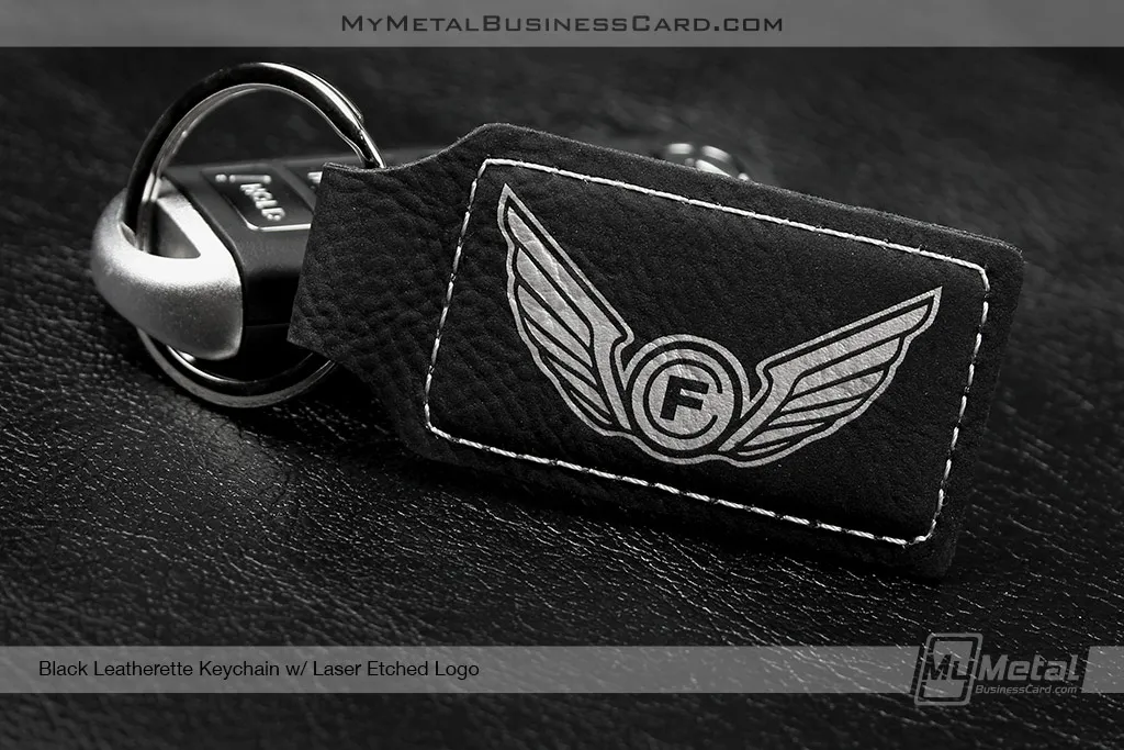 Black Leatherette Key Chain custom etched with wing logo