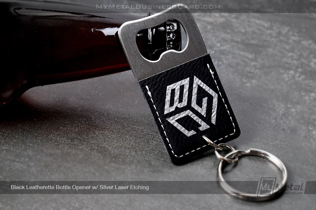 Black-Leatherette-Bottle-Opener-Silver-Laser-Logo