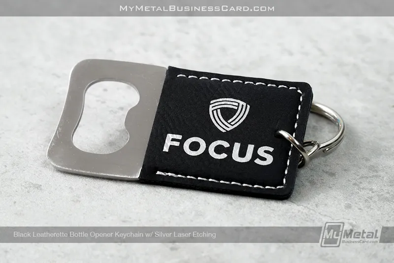 Black-Leatherette-Bottle-Opener-Silver-Laser-Focus-Logo-Keychain