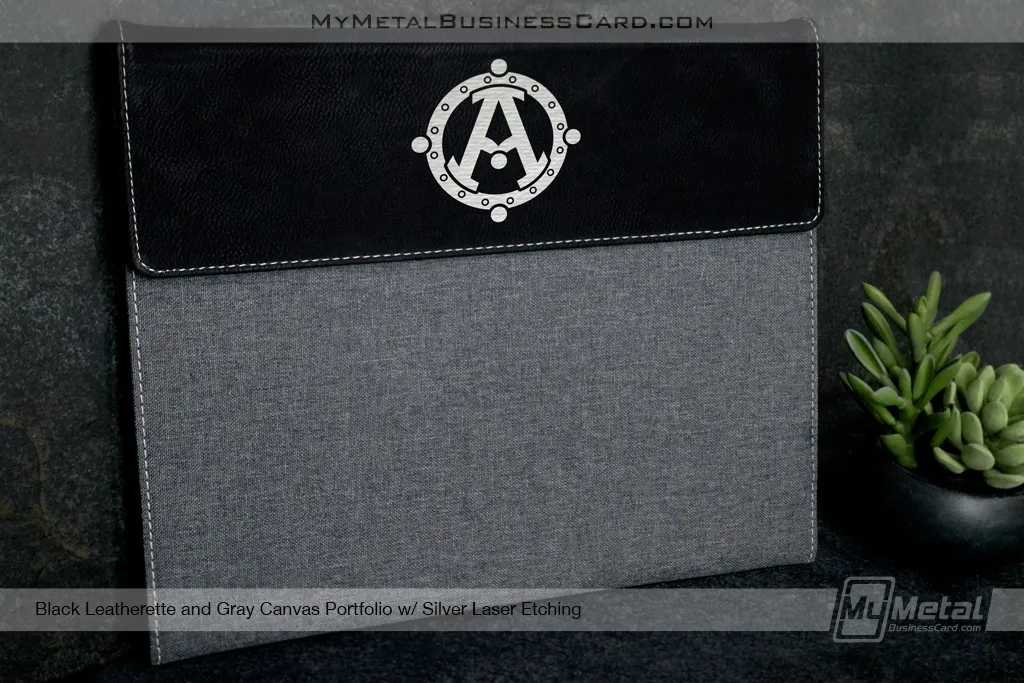 Black-Leatherette-Gray-Canvas-Portfolio-Laser-Etching-A-Logo