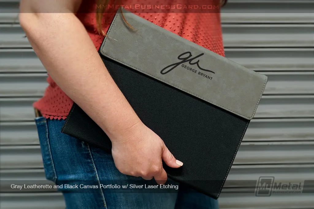 Gray-Leatherette-Black-Canvas-Portfolio-Laser-Etching-for-Designer-custom-etched-with-your-logo