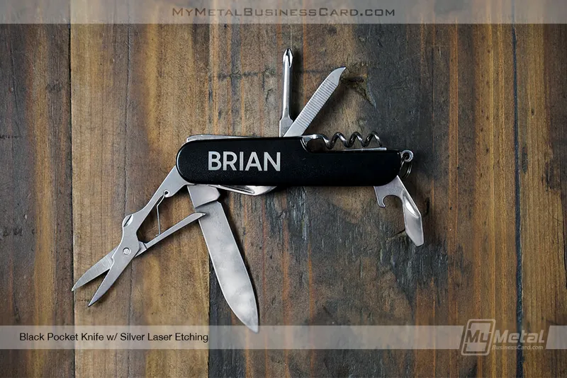 15 Summer Travel Gift Ideas with Laser-Engraved Personalization 8 My Metal Business Card | AWS98357 Black Pocket Knife 8 Functions Silver Laser Etching Custom Name