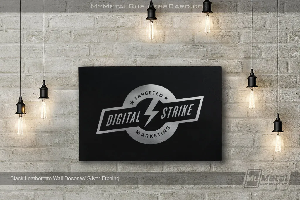 leatherette wall decor showing custom etched logo silver on black design
