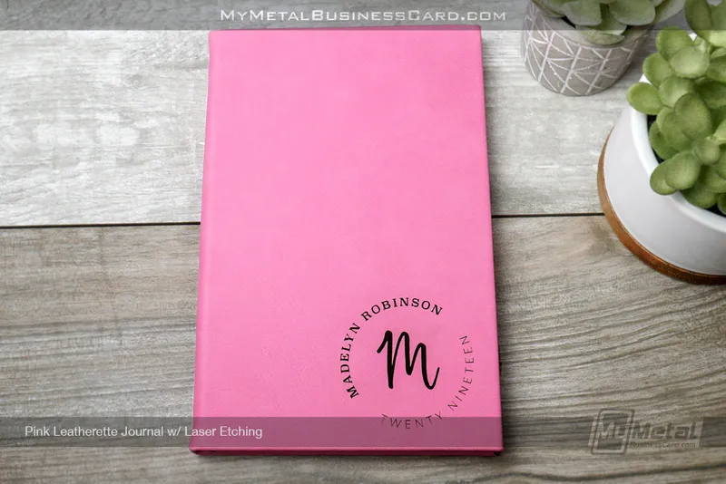 15 Summer Travel Gift Ideas with Laser-Engraved Personalization 5 My Metal Business Card | AWS99008 Pink Leatherette Journal Circle Name Logo